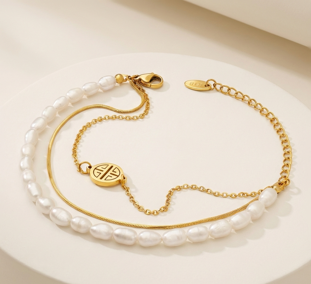 Dual Strand Pearl Emblem Bracelet