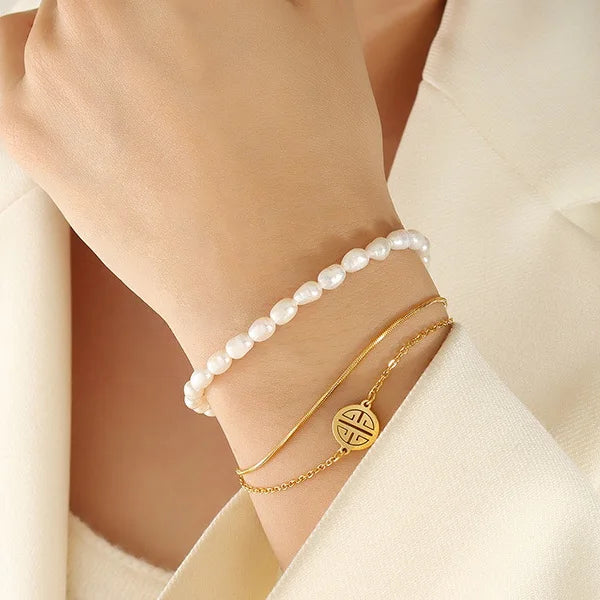 Dual Strand Pearl Emblem Bracelet